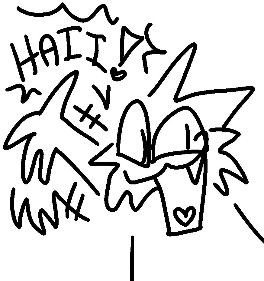 Test Tube, a demon cat creature, and also my sona, is waving at the camera and screaming "HAII!". He looks joyous.