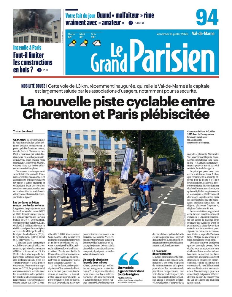 Article du Parisien 94 en une sur 6 colonnes intitulé “la nouvelle piste cyclable entre Charenton et Paris plébiscitée”