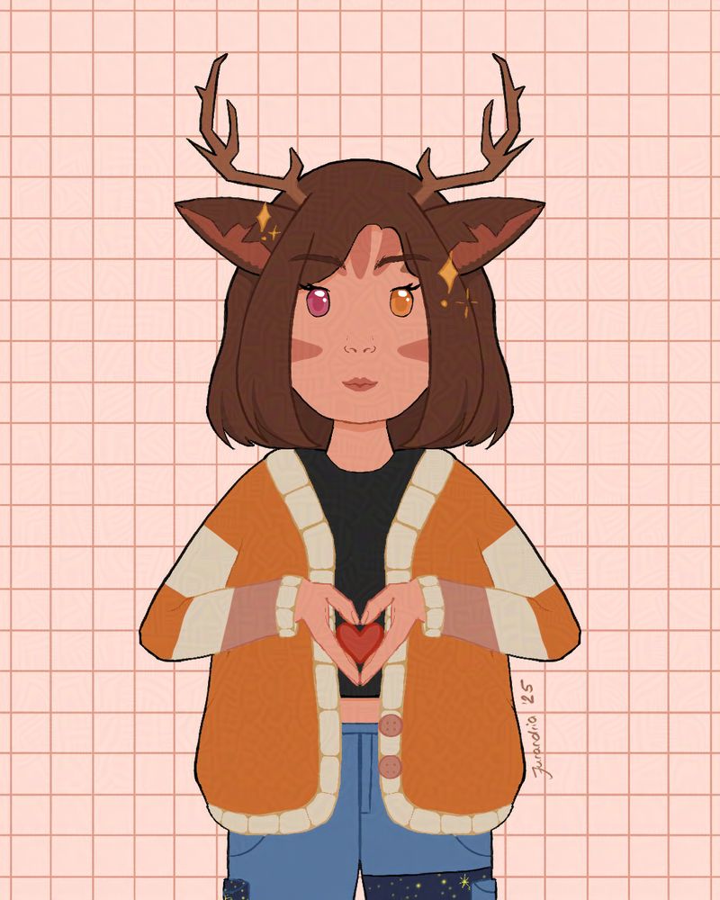 Illustration of a humanoid character based on popularthink's original character with brown hair, antlers and deer-like ears. They are wearing a black top, orange cardigan with beige border and stripes. Their eyes are heterochromatic and are pink and orange. Their hands form a little heart infront of their torso. The background is a simple grid in pink/orange colour scheme