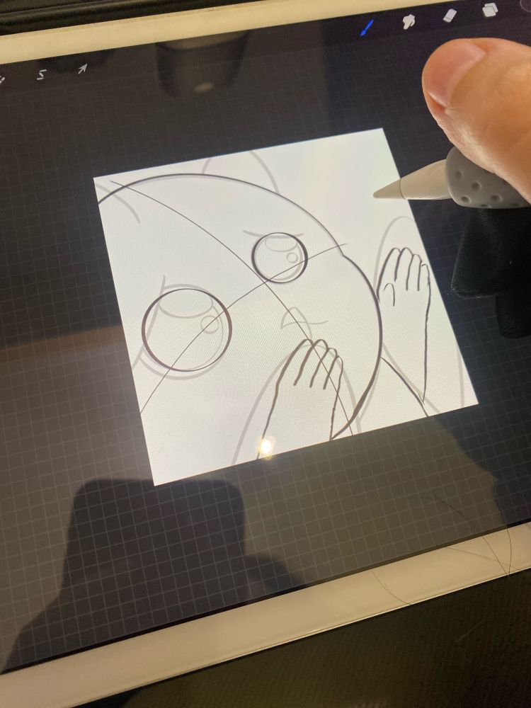 Sketch of an emote that’s reaching its hands up with a sad look on its face