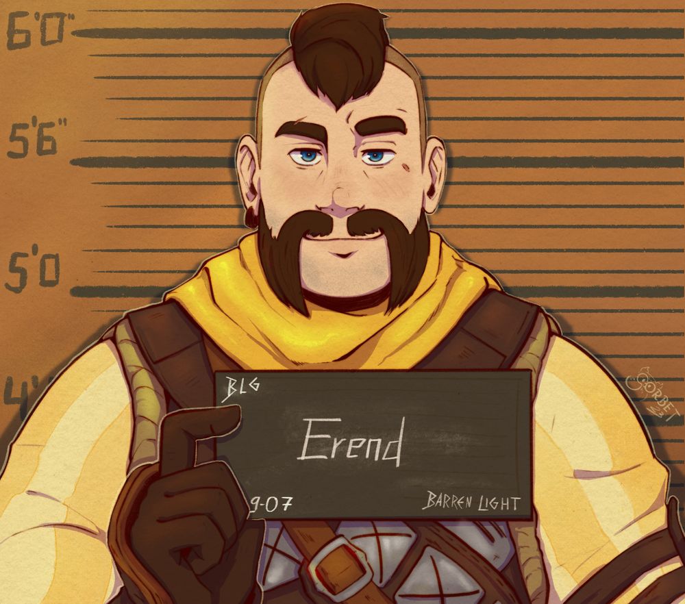 Erend from the Horizon series, posing for a mugshot with a smug face. It's a redraw of the "Barbie and Ken Mugshot" meme that was popular in 2023, Erend being in Barbie's position. The chalkboard he's holding reads his name, "BLG" for Barren Light Guard, the number "149-07" standing for the length of the audio file "Last Girls on Earth", the song he always listens to at the Base, the number of the datapoint "Final Performance" which contains said song, and Barren Light.