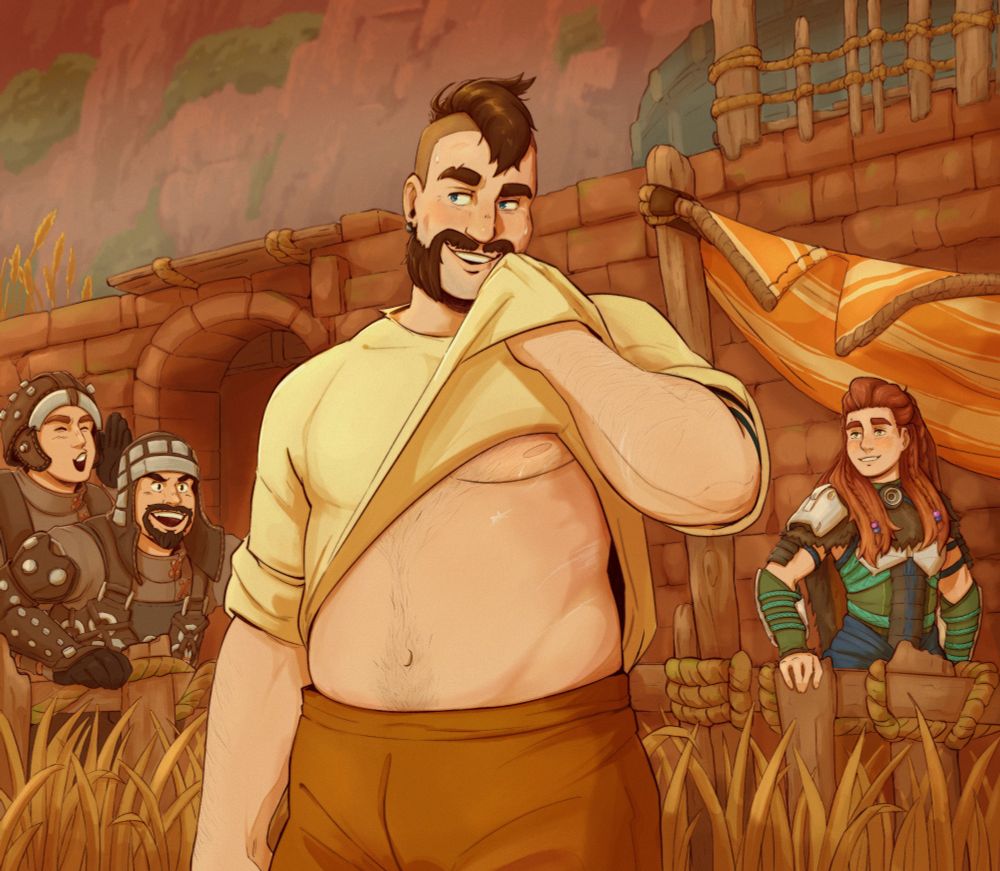 Erend, Aloy, Aldur, and Joruf from the Horizon game series. They're at the melee pit of Chainscrape, spectating Erend, whose currently participating in a match. The two Vanguard men are whooping and cheering, while Aloy looks on with a proud smile, a soft blush coloring her cheeks. Erend gives his offscreen opponent a cocky smirk, wiping his face with his shirt, revealing a fair amount of bare skin. It's left to the viewers' interpretation whether Erend is already aware of Aloy's presence and showing off, or whether he has yet to notice her and Aloy gets to observe him confident and in his element in secret a little while longer.
