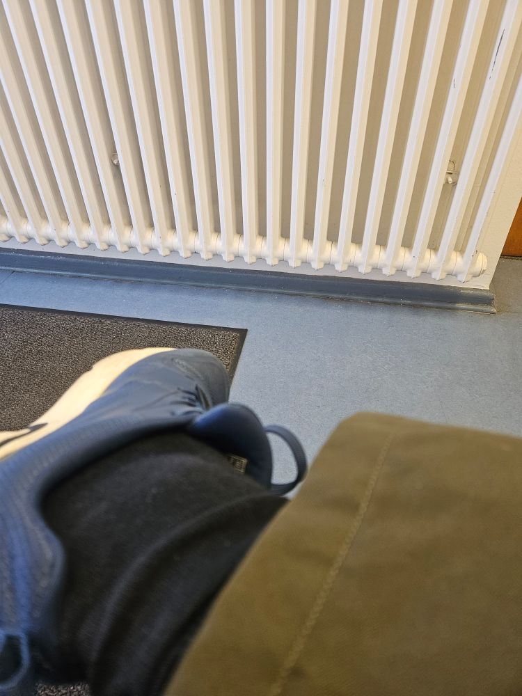 Zu sehen ist ein Schuh und ein Hosenbein. Im Hintergrund ein blauer Fußboden, ein Fußabtreter und eine Heizung. 