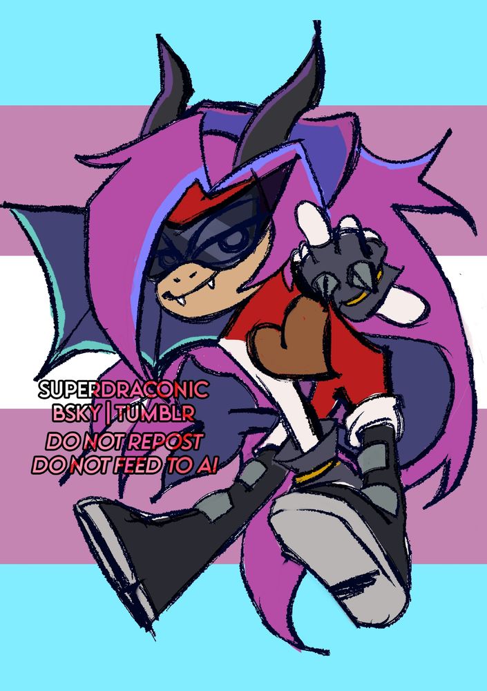 digital illustration of a sonic oc. she's red with huge pink hair, dark horns, and a purple kerchief over her hair. she's leaning forward and flipping off the viewer with a smirk.