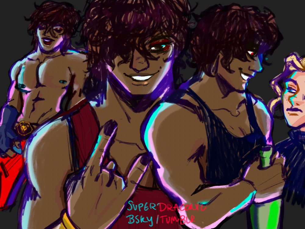 digital sketch page of an alternate universe Damen (from captive prince, my fav romance series in the whole wide world). he’s a rockstar with a messy riot of curls and smudged eyeliner. 3 colored sketches: 1) (left) damen, shirtless, is jamming on a bright red guitar, eyes closed and singing. a lion belt buckle is visible on his low rise pants. his big naturals (pierced), muscled tummy, and hipbones are on display; 2) (center) damen smiles at the camera, making the 🤘🏼. he’s wearing a dark red tank top. you can make out the hint of a gold cuff on his wrist. his smile shows off a charming dimple. 3) (right) damen is smiling enthusiastically down at a semi obscured laurent who is looking down his nose at damen despite being shorter. damen is holding a green bottle of beer or soju, giving the viewer a look at his huge muscles. he could prolly bench 3 laurent’s stacked on top of each other. 

he’s a very good boy and full of love. he’s lead guitar and vocals for his band: Mane Event (lion pun). laurent may be a punishing manager in this au, who’s running the lions into the ground to claw his way to the top, but changes thru the power of love. 
