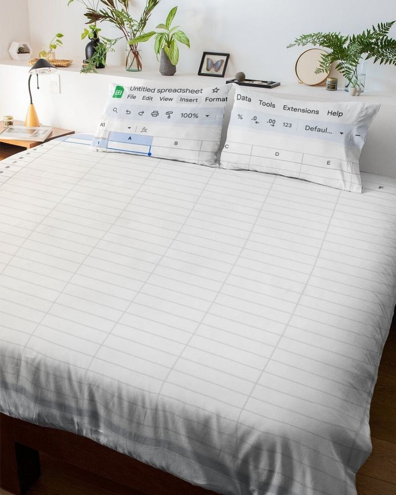 Bedsheet and pillow set themed to look like an MS Excel spreadsheet. 