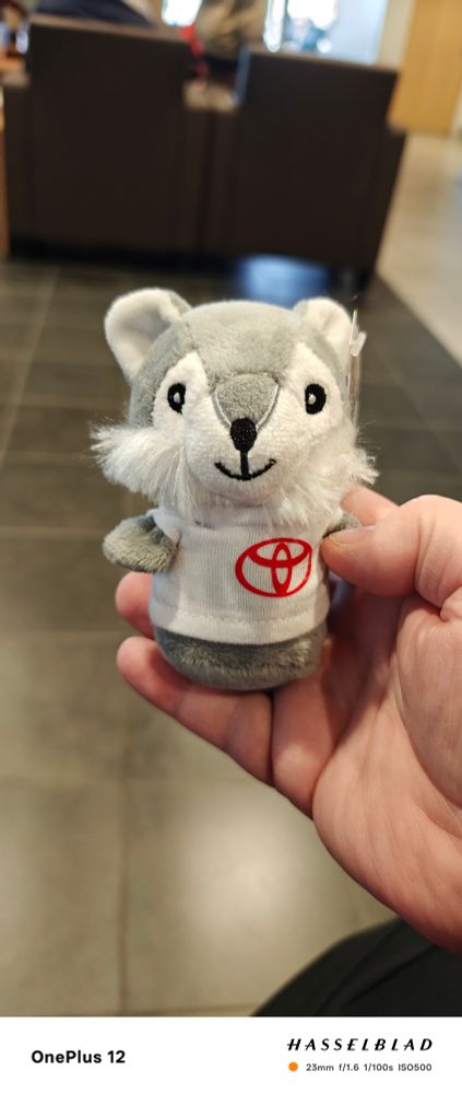 Tiny plush grey wolf wearing a white shirt with a red Toyota logo on it.