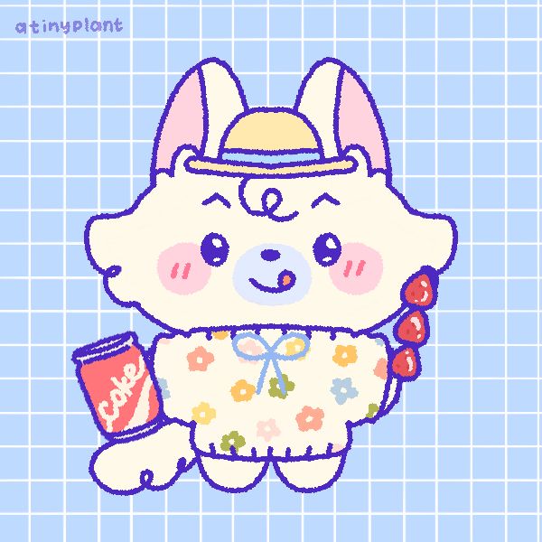 An adorable cream white wolf(?) dressed in a cute hat and colorful flower print sweater, gripping onto a stick of Tanghulu and a can of cola for dear life. No snack, no life.