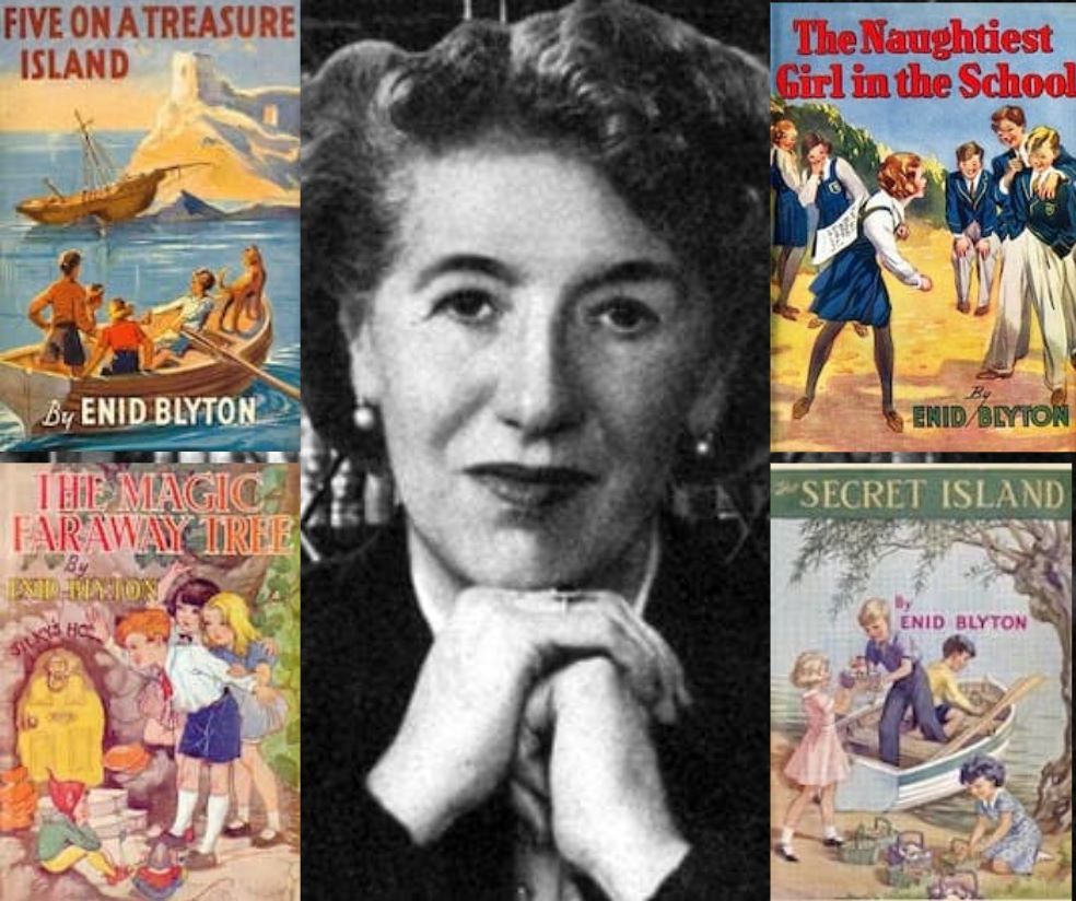 A photograph of Enid Blyton, with four book cover superimposed in the corners: Five on a Treasure Island / The Naughtiest Girl in the School / The Magic Faraway Tree / The Secret Island.