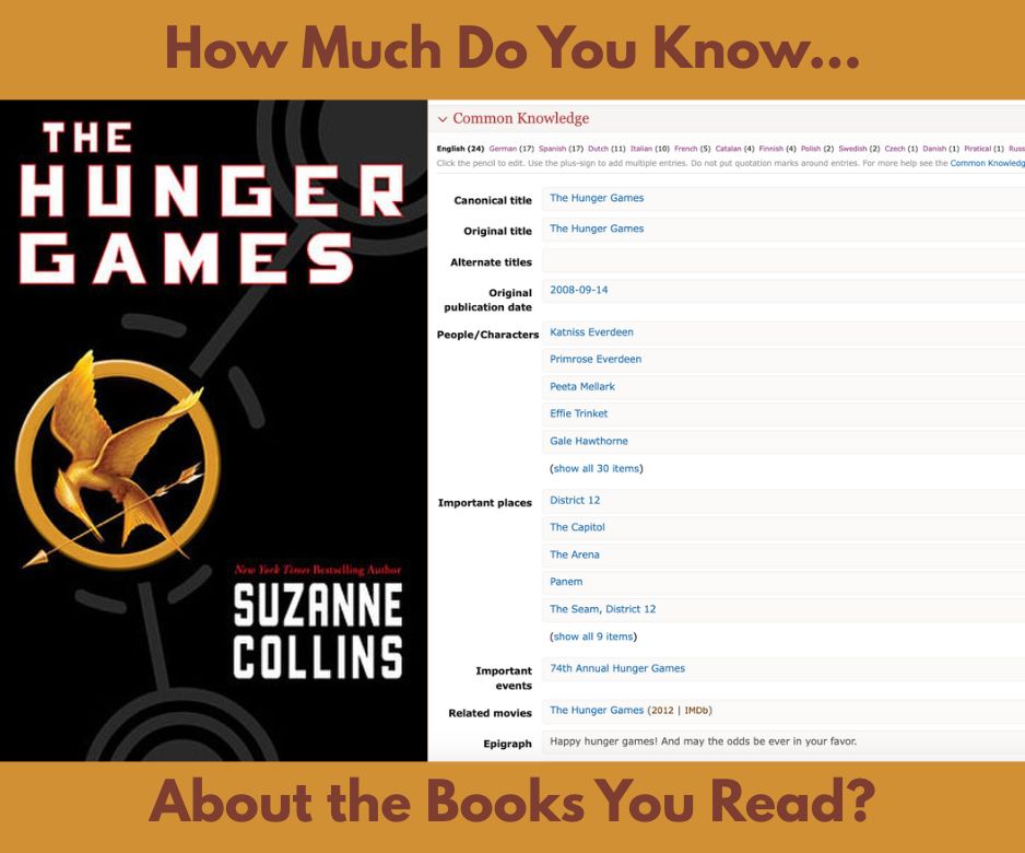 The book cover of "The Hunger Games," next to a screenshot of the Common Knowledge section for that book, on the LibraryThing site. The text above and beneath the image reads: "How Much Do You Know... About the Books You Read?"