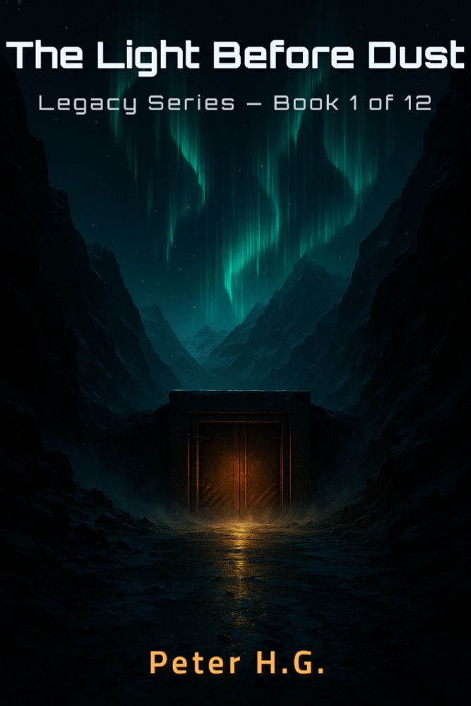 A dark sci fi book cover showing a lone figure standing on a road at dusk, facing a distant city skyline under a deep red and purple sky. A bright, falling light streaks downward from the clouds toward the horizon. The title “The Light Before Dust” appears in bold, glowing white letters at the top, with the author name “Peter Garbæk” below. The mood is tense and atmospheric, hinting at an approaching collapse.