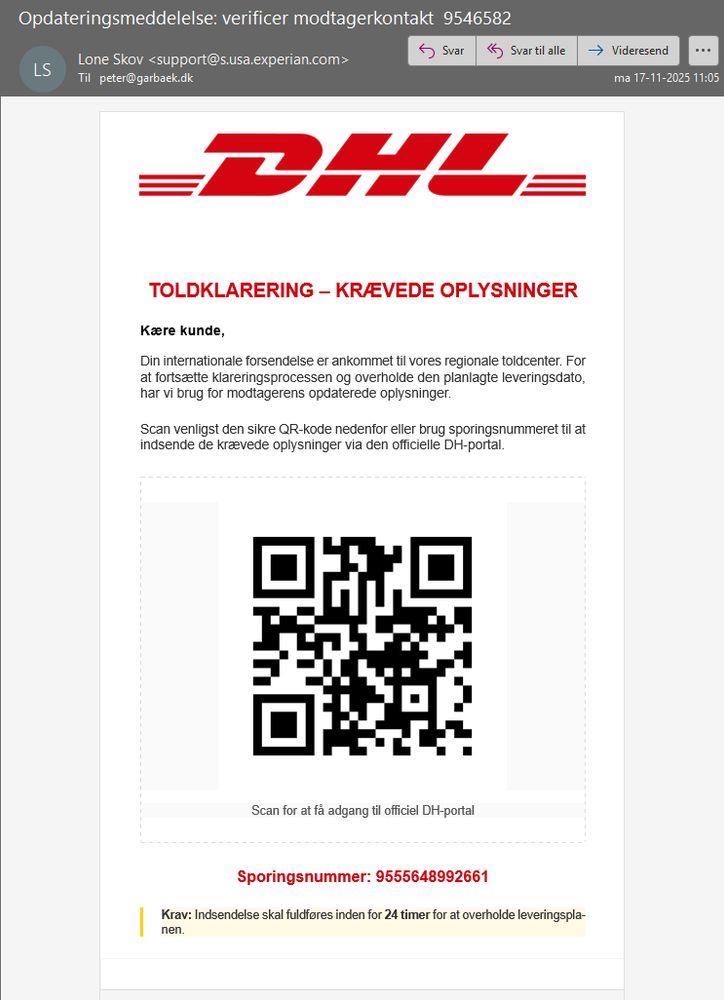 fake DHL QR code scam email.