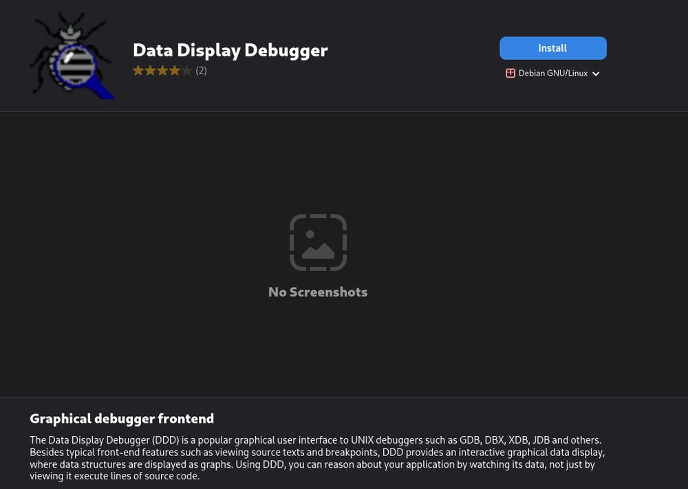 Data Display Debugger, Graphical Debugger Frontend, with 'No Screenshots'.. ironic kinda