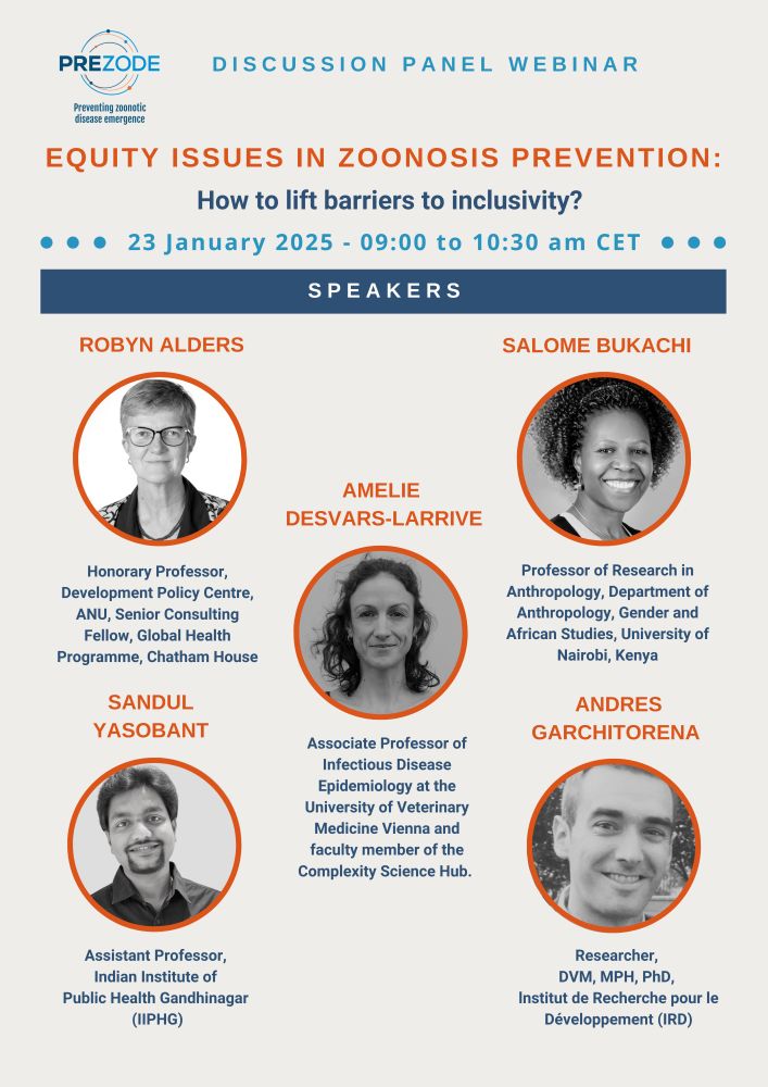 image presenting the 5 speakers invited to the Webinar: Robyn Alders, The Australian National University (ANU)- Salome Bukachi, University of Nairobi - Amélie Desvars-Larrive, Vetmeduni - Sandul Yasobant, IIPHG - ANDRES GARCHITORENA, IRD
