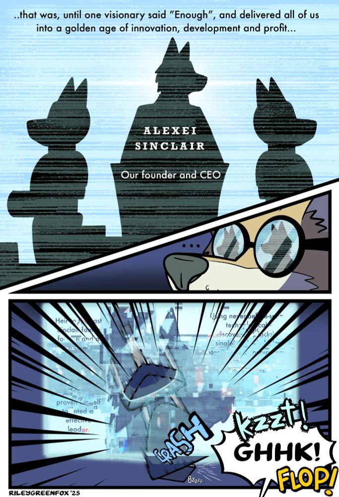 The video from the previous page continues, showing a clear blue sky, and a silhouette of a canid figure standing in front of a podium, flanked by the silhouette of two canid, robotic figures standing guard. The narration continues: 