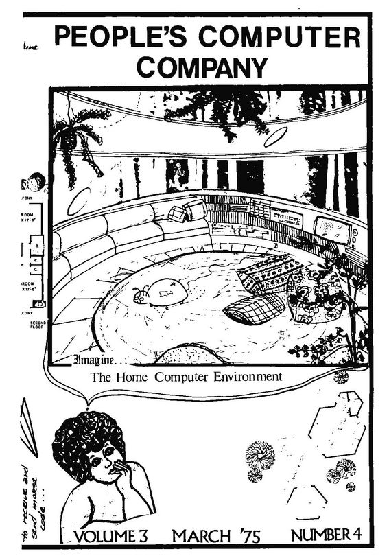 black and white image from byte magazine's first issue. a person with curly hair imagining "the home computer environment" and it's a 1970s conversation pit with a computer embedded in the sofa