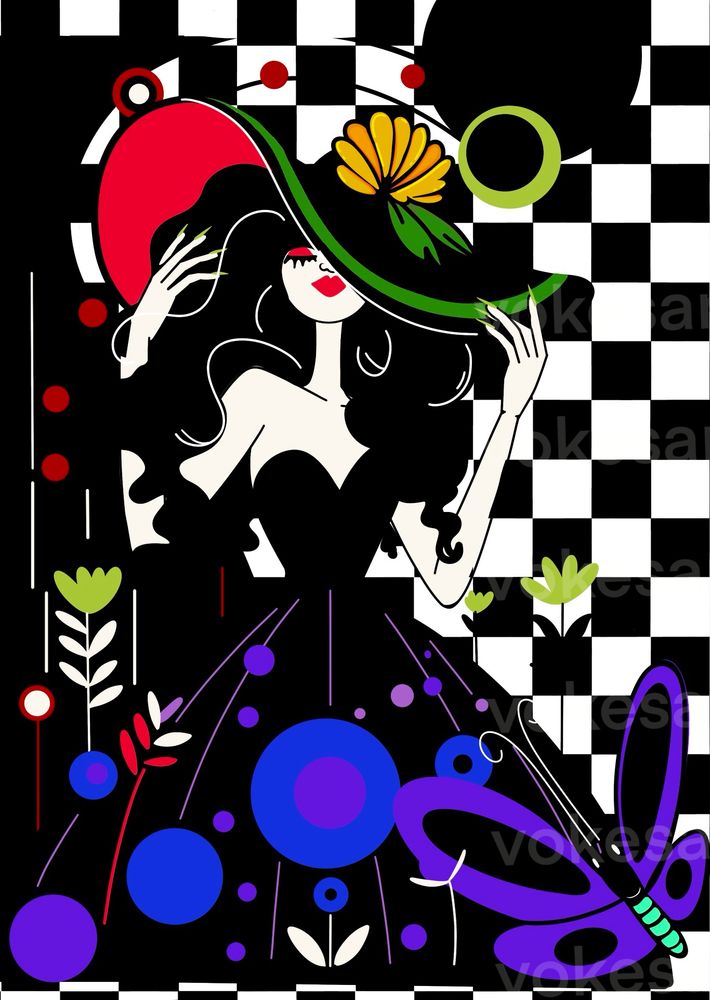 Illustration of a woman with a flowers around her. She wears a big black hat. Her mood is satisfaction and joy probably for a new season. Certain elements point to a sunny day.