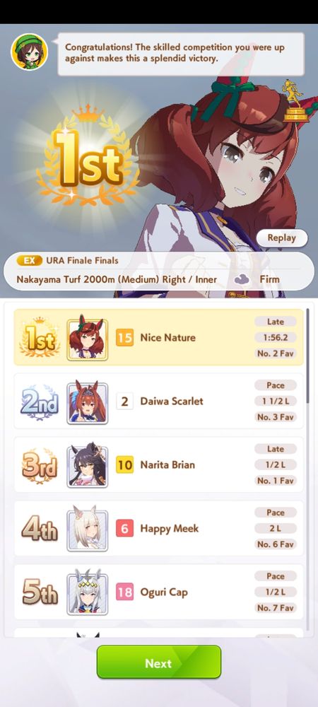 Screenshot of Uma Musume where Nice Nature is first on the placing list