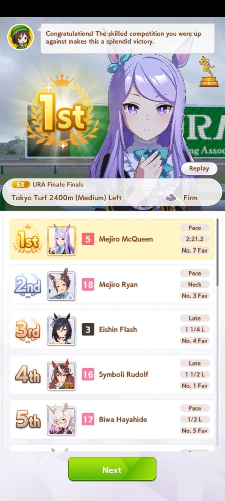 Screenshot of Mejiro McQueen winning URA finale 