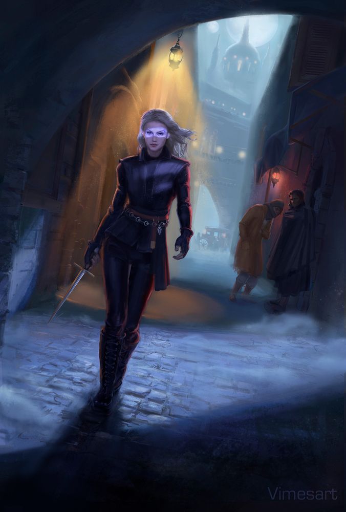 An assassin looking woman walks down a cobbled moonlit alley way. She holds a knife in one hand. Behind her 2 sinister figures watch on from a doorway and the hints of a gothic looking city are visible in the moonlight. Book cover illustration .