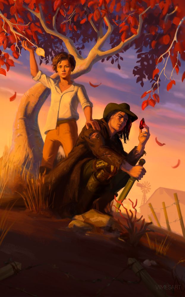 A woman stands atop a hill at sunset.She is holding a branch of a tree with red leaves and one gold leaf where her hand touches. Her other hand touches the shoulder of a crouched man. He looks is dressed like a cowboy, his clothes are worn and tattered, with a prosthetic limb visible on his knee . He holds a red gem in one hand and aknife in the other. Behind is a water pump and farmland. Book cover illustration for de e howell magician's touch.
