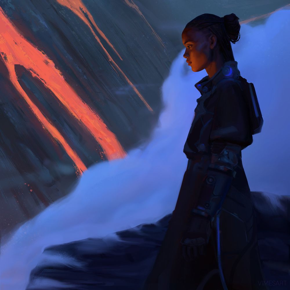 An illustration for an albumb cover. A  woman stands on a cliff surrounded by mist and smoke. She wears a sci fi suit with blue glowing elements. Behind her a cliff with lava running down fades off into the distance 