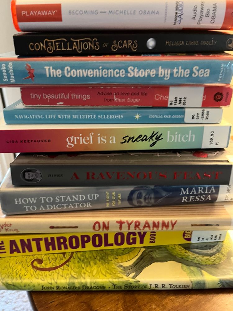 Large stack of books and one audio book.