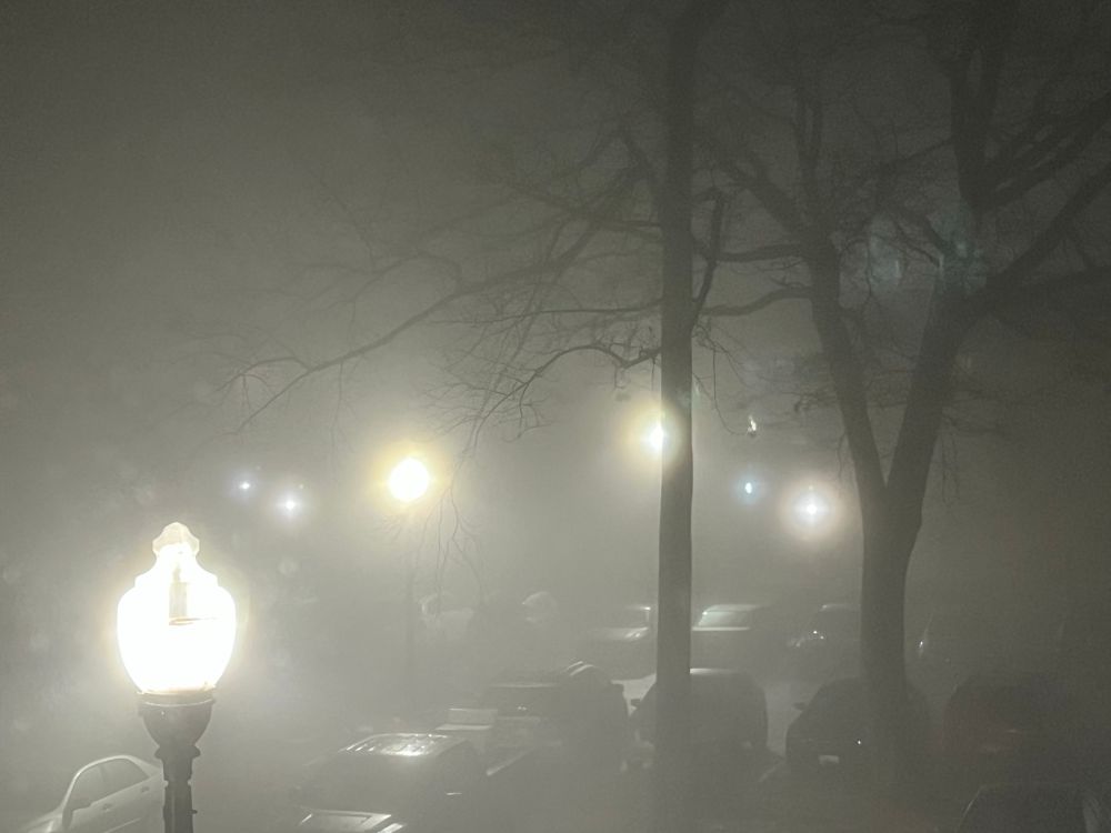 Thick fog on the middle of the night. You can see a bright lamppost in the foreground and multiple other lampposts in the background, but just bright burbs of light. There are some trees visible and faintly you can see cars.