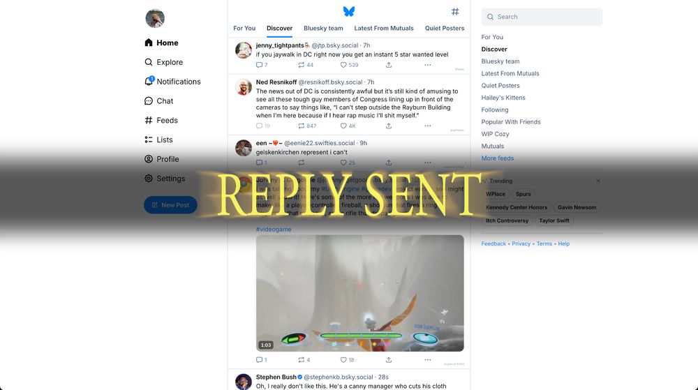 bluesky website with "reply sent" overlayed in the Dark Souls style