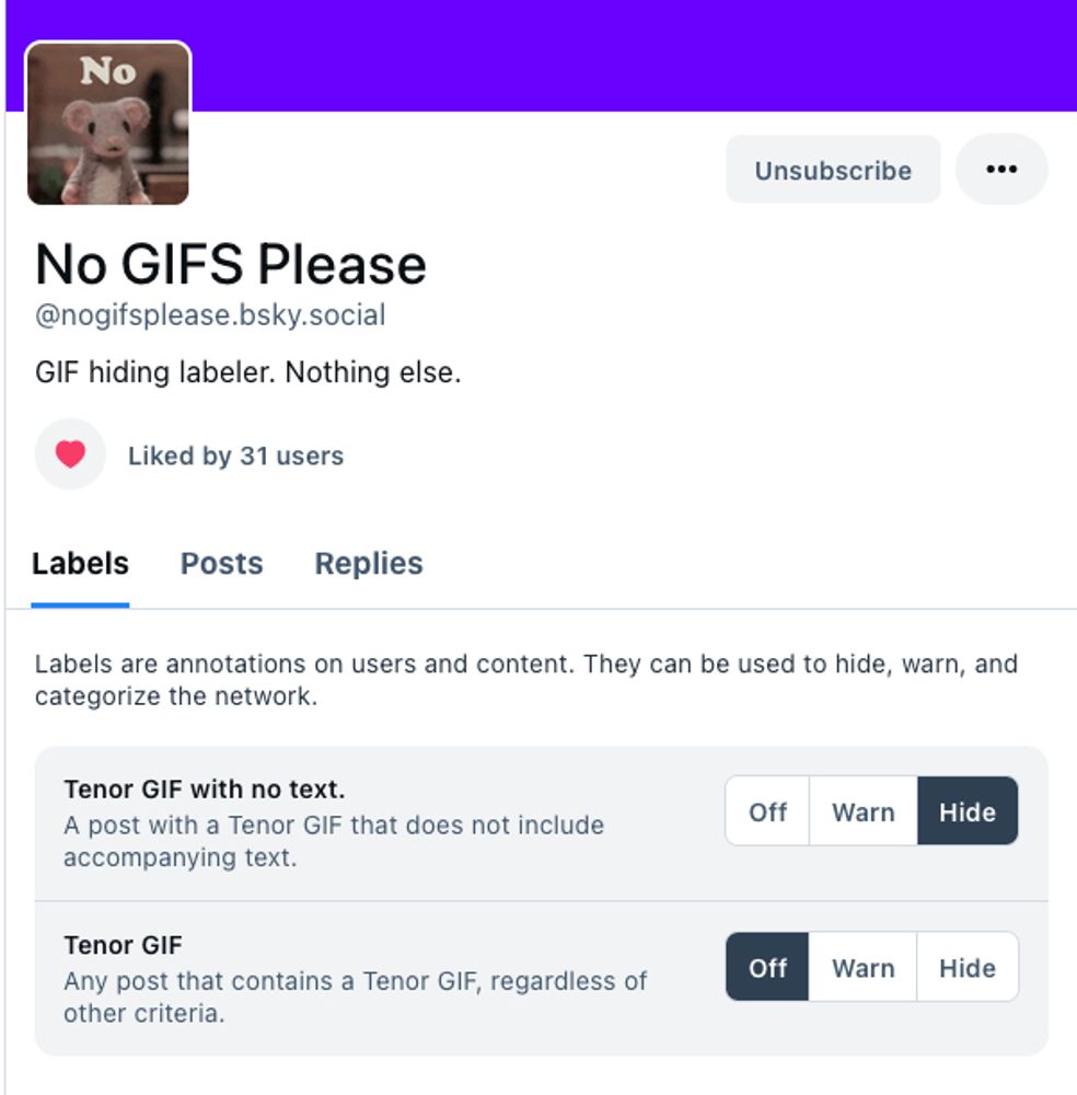 Screenshot of @nogifsplease.bsky.social's profile

Tenor GIF with no text is set to Hide
Tenor GIF is set to off