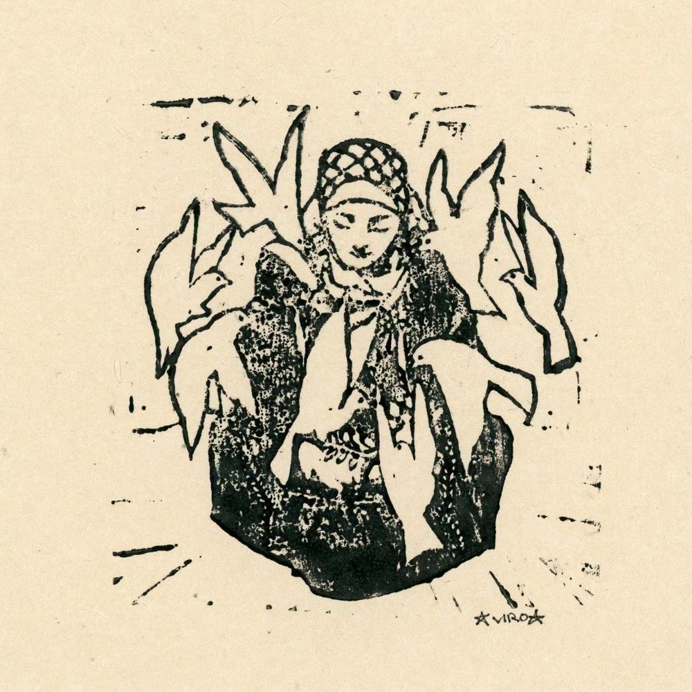 A linocut print of a Palestinian women holding olives branches in her palm whiles a flight of doves flock to her