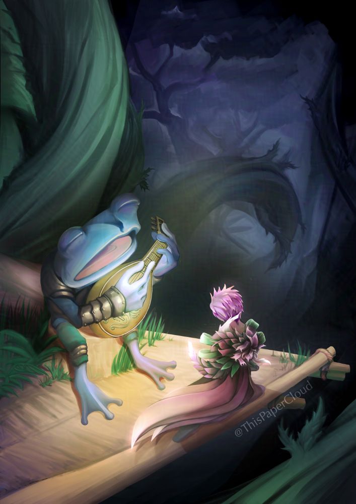 Hylek bard playing a lute while a purple sylvari from Guild Wars 2 listens in. In the background the twisted vines of Verdant Brink choke of this small sanctuary. 