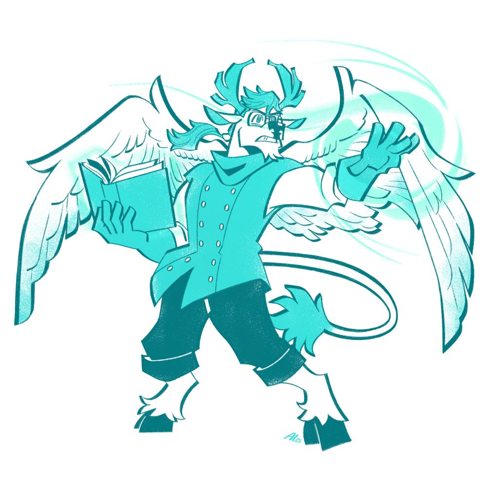 An anthropomorphic peryton, with a determined expression, casting a windy spell from a tome.