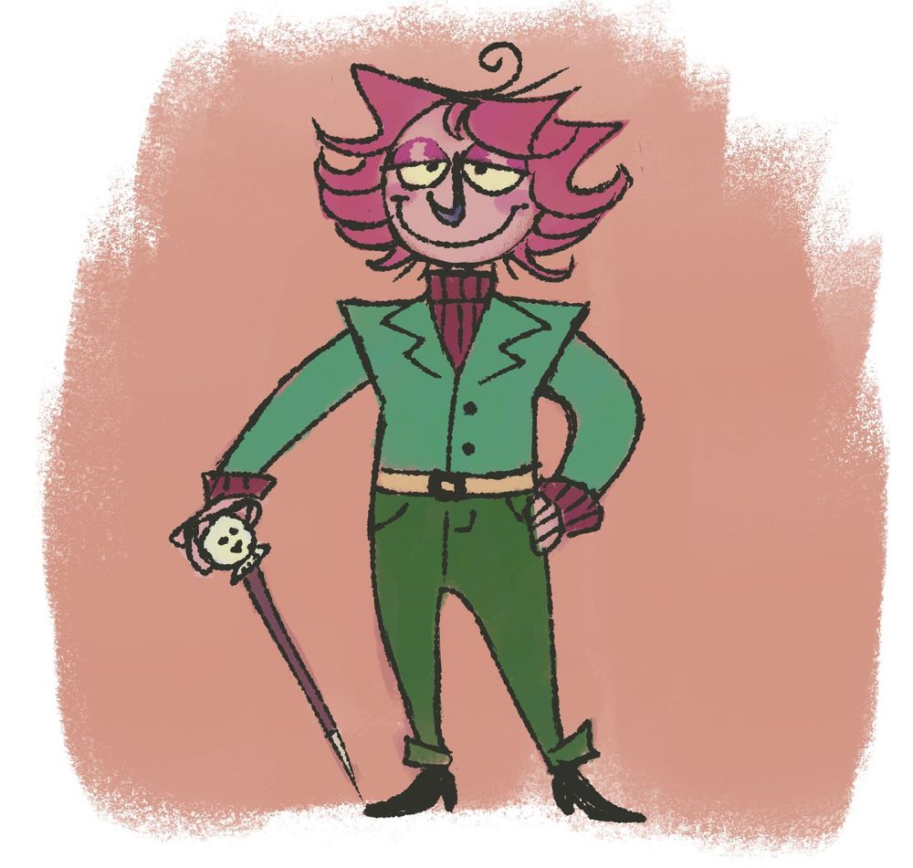 A drawing of a Smile for me oc. His a small little man with a cane. His coloured mostly pink, wearing green clothes.