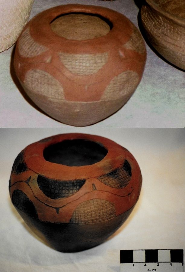 Apple-shaped small subglobular jar (~8 cm tall x 11 cm wide) with restricted orifice. The design on the shoulder consists of a zone between the red slipped rim & waist that has spaced cross-hatched incision filled semicircles dangling from the incised rim line & upward from the waist line. These form a sinuous element in between them of almost gear tooth like projections with a curvilinear incised line snaking through the center. This line has triangle punctations pointing up on the high arcs & down on the low arcs. Like the wide rim, the element between the semicircles is red slipped.