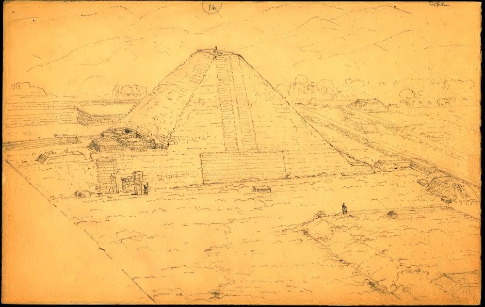 Pencil sketch of temple pyramid & site layout on yellowed paper