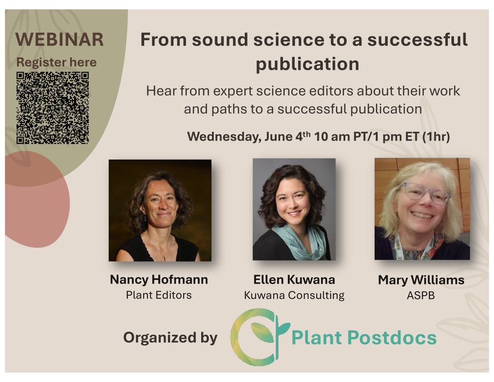 Flyer with speaker photos and QR code to register for Plant Postdocs June 4 webinar.