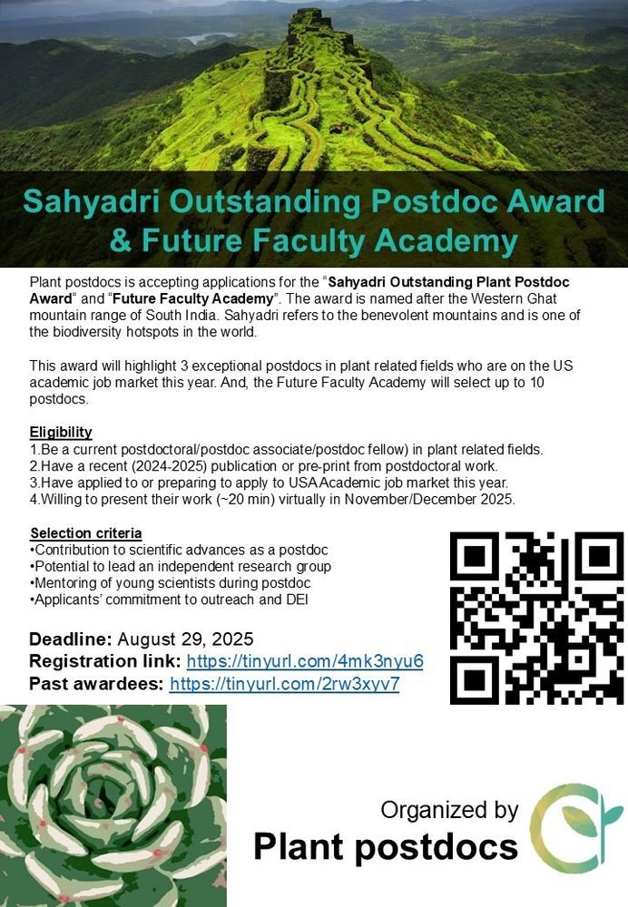 Sahyadri Outstanding Postdoc Award and Future Faculty Academy flier. Flier describes the eligibility (current postdoc, publication from 2024-2025, currently preparing for job applications, and willing to present their work in Nov/Dec) and the selection criteria. Deadline is August 29, 2025. 