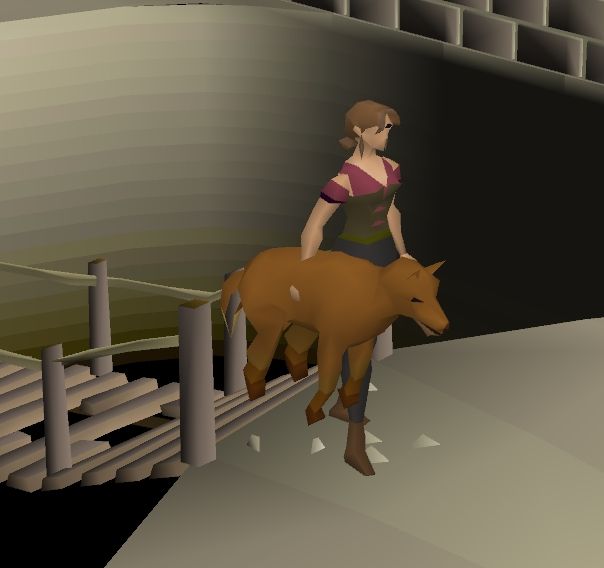 Female osrs character carrying a giant fox under one arm next to a bridge. 