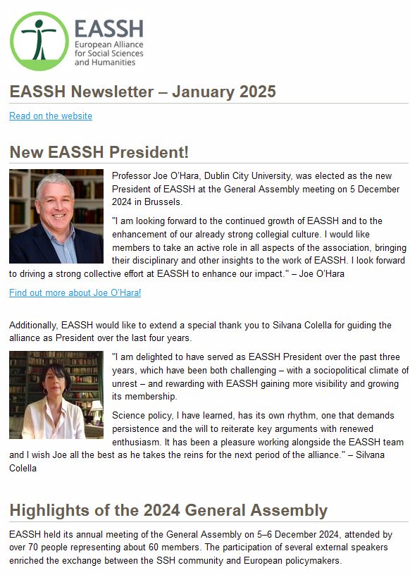 Screenshot of the EASSH Newsletter of January 2025