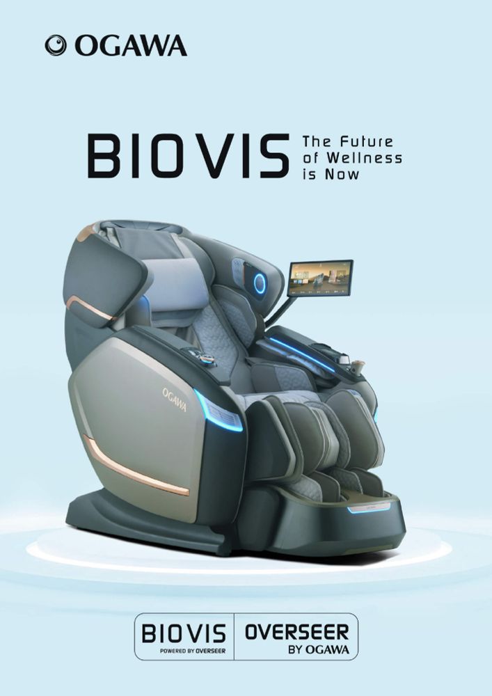 An advert of a high-tech full-body chair called BIOVIS from a copy called Ogawa. Tagline "The Future of Wellness is Now".