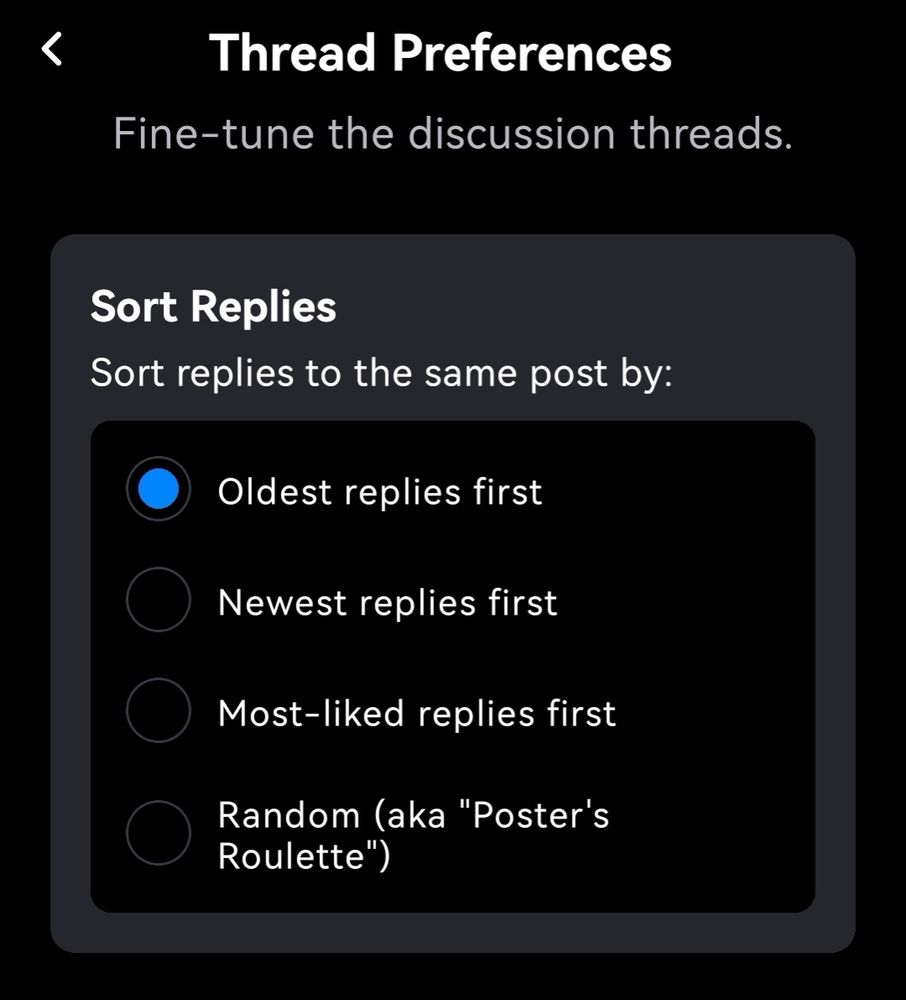 Screenshot of Thread Preferences settings showing the possibility to choose between "oldest replies first", "newest replies first", "most-liked replies first", "random"