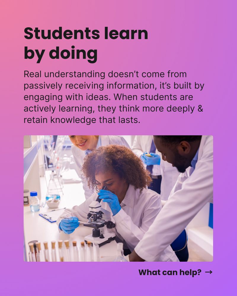 Students learn by doing. Real understanding doesn’t come from
passively receiving information, it’s built by engaging with ideas. When students are actively learning, they think more deeply & retain knowledge that lasts. What can help? →
