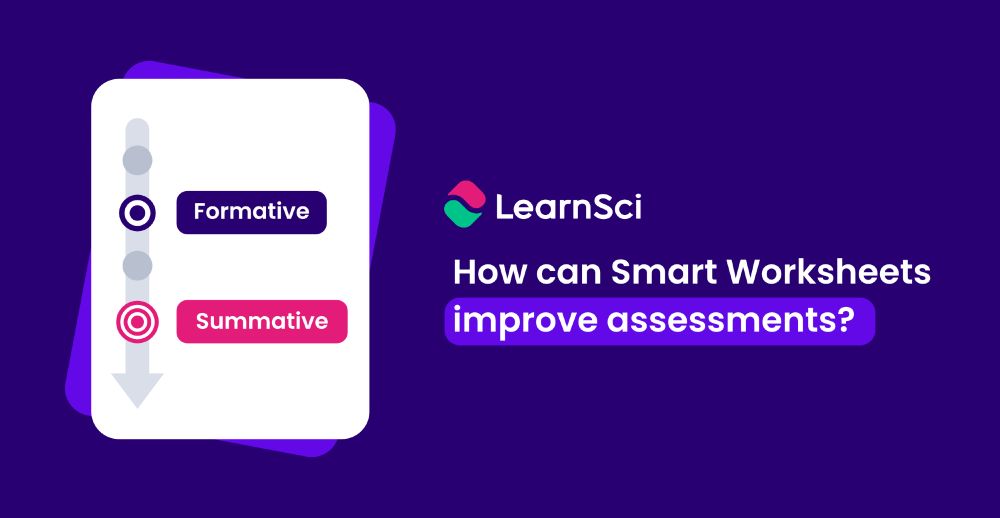 LearnSci. How can Smart Worksheets improve assessments?. Accompanied with an image icon of some papers, showing an arrow pointing downwards with point measurements. 'Summative' is labelled before the head of the arrow and 'Formative' near the tail end of the arrow.