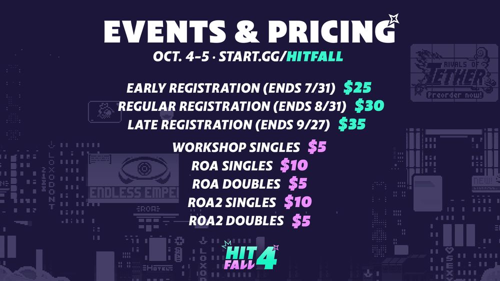 2D graphic depicting the prices of the registration tiers and the individual events:

Venue Fee:

Early Registration (ends after midnight 7/31): $25,
Regular Registration (ends after midnight 8/31): $30,
Late Registration (ends midnight 9/27): $35,

Entry Fees:

Workshop Singles: $5,
RoA Singles: $10,
RoA2 Singles: $10,
RoA Doubles: $5,
RoA2 Doubles: $5,
