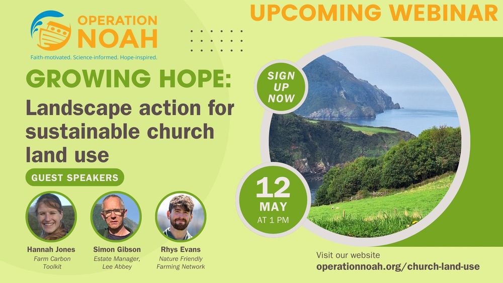 Webinar graphic with images of guest speakers Hannah Jones, Simon Gibson and Rhys Evans. Also Operation Noah logo and coastal view with trees from Lee Abbey site in Devon.