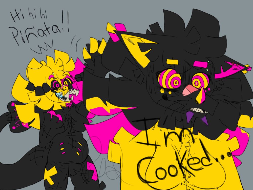 Atañip is waving and yelling “HI HI HI PIÑATA” while Piñata is just standing there nervously smiling saying “I’m cooked…”