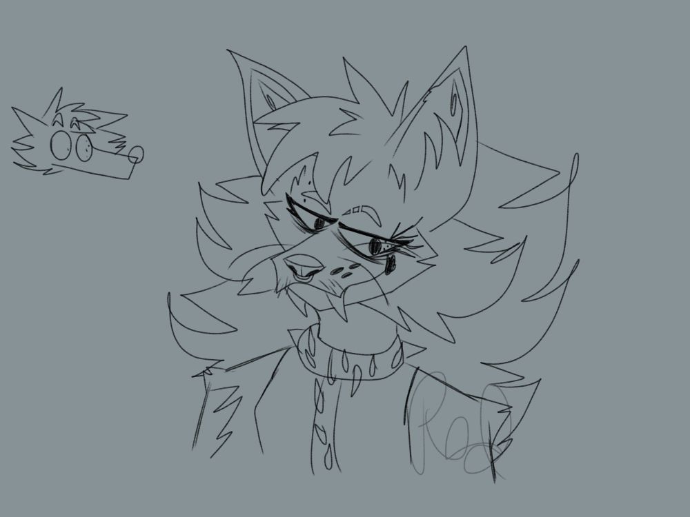 Bust shot of my supervillain coyote oc Carolina with a smaller doodle of her in the corner