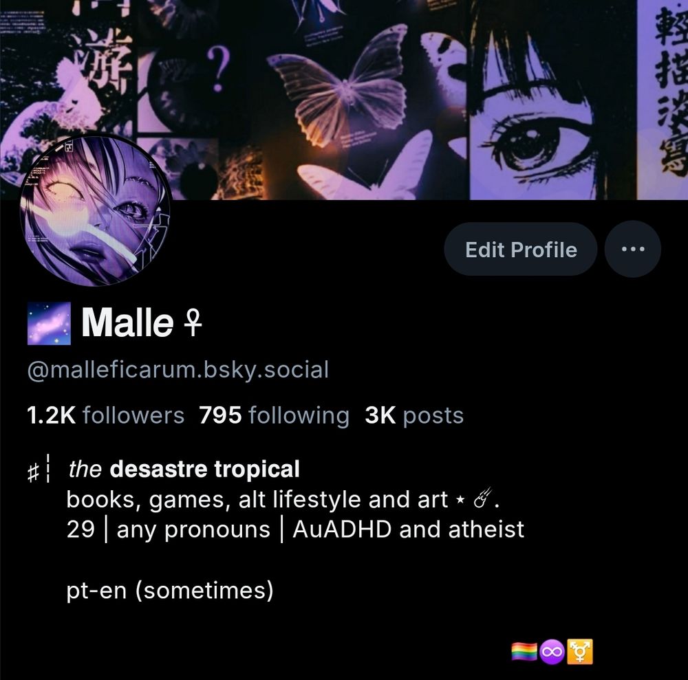 meu perfil antes, com uma pack de ícone e header que eram colagens cyberpunks e com referências a iconografia japonesa