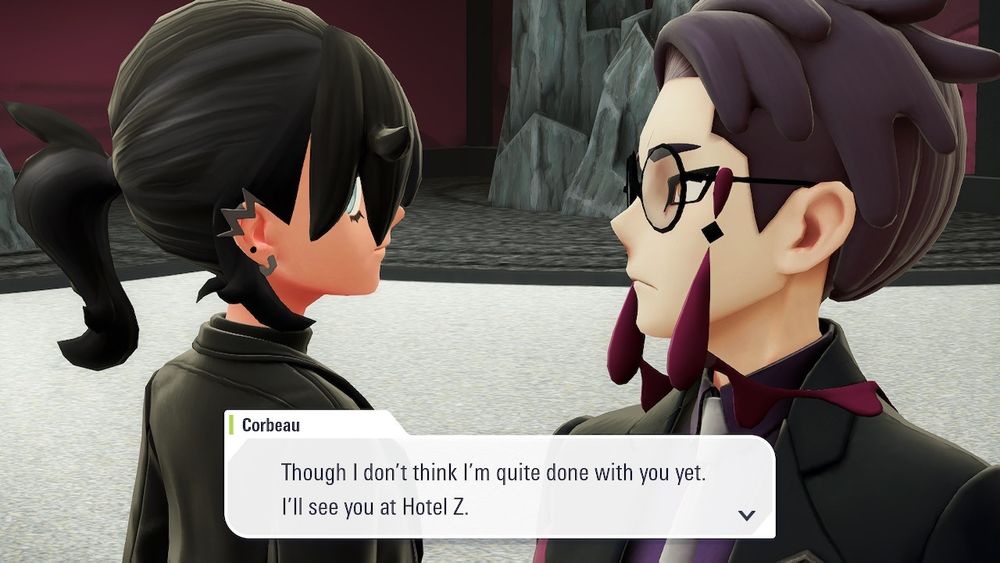 two characters facing each other one says to the other "Though I don't think I'm quite done with you yet. I'll see you at Hotel Z."